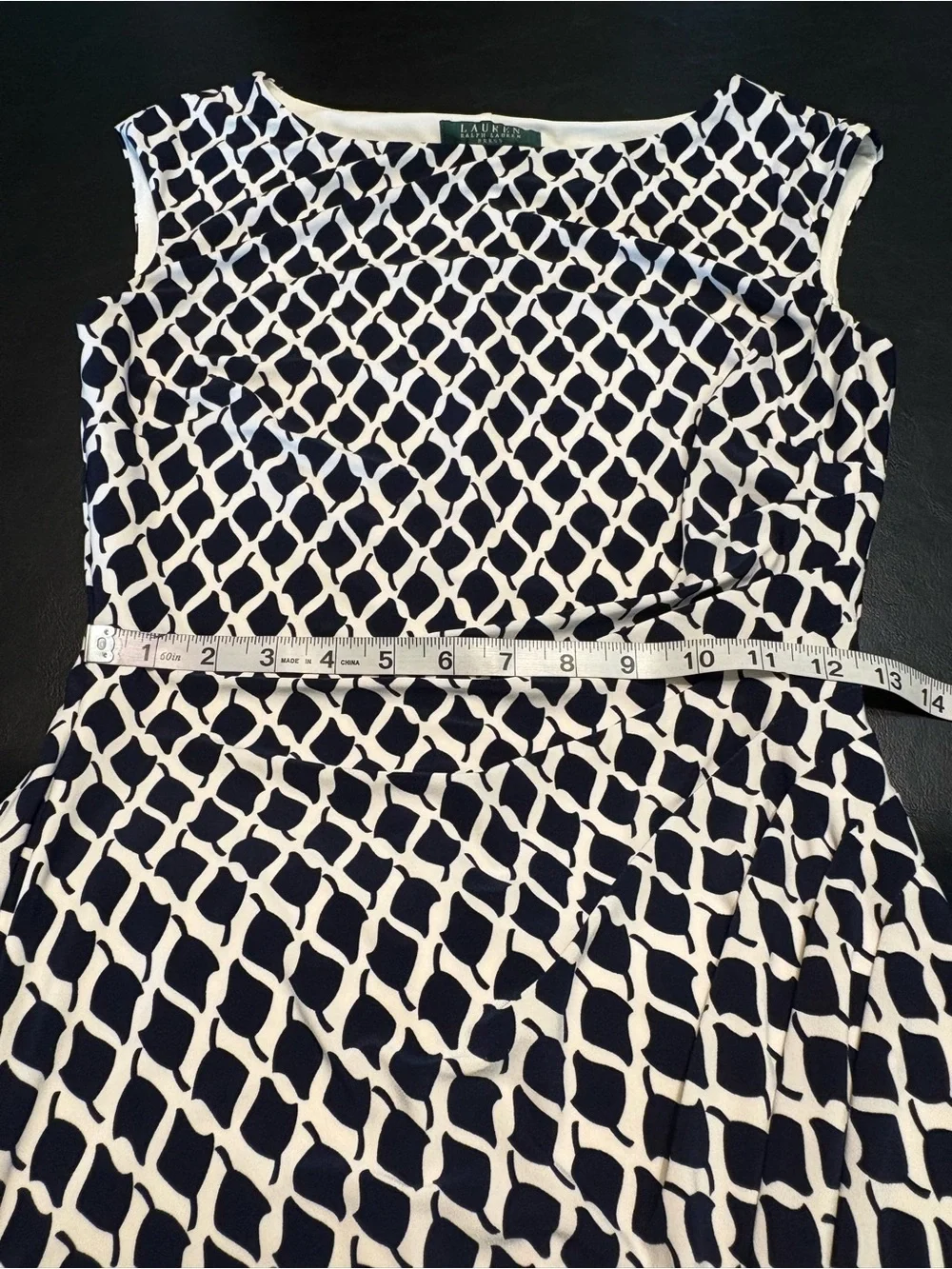 Ralph Lauren Navy and White Geometric Midi Sheath Dress